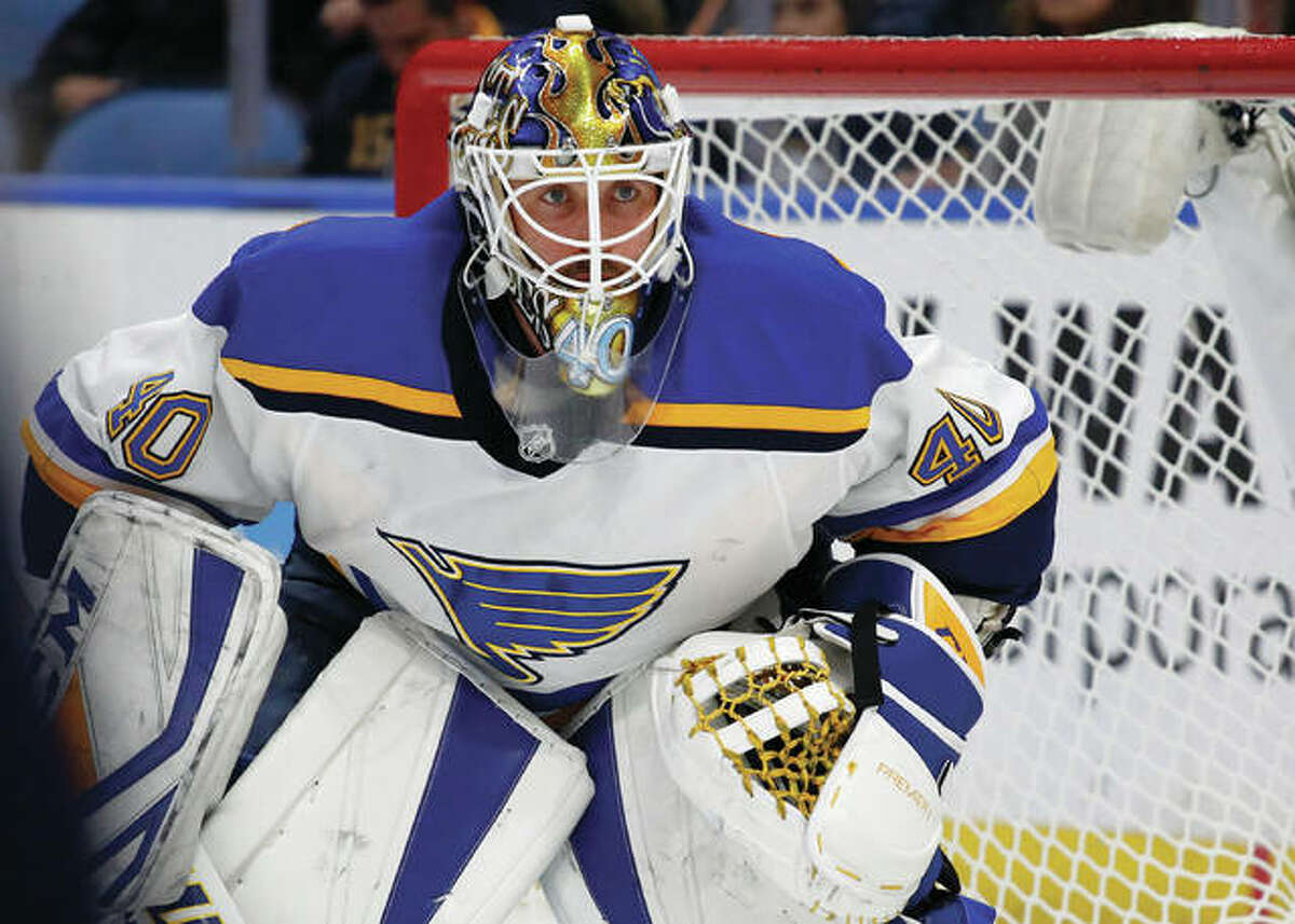 Blues goalie Carter Hutton looks on during the first period against the Sabres on Saturday night in Buffalo. Hutton earned the shutout in the Blues’ 1-0 victory.
