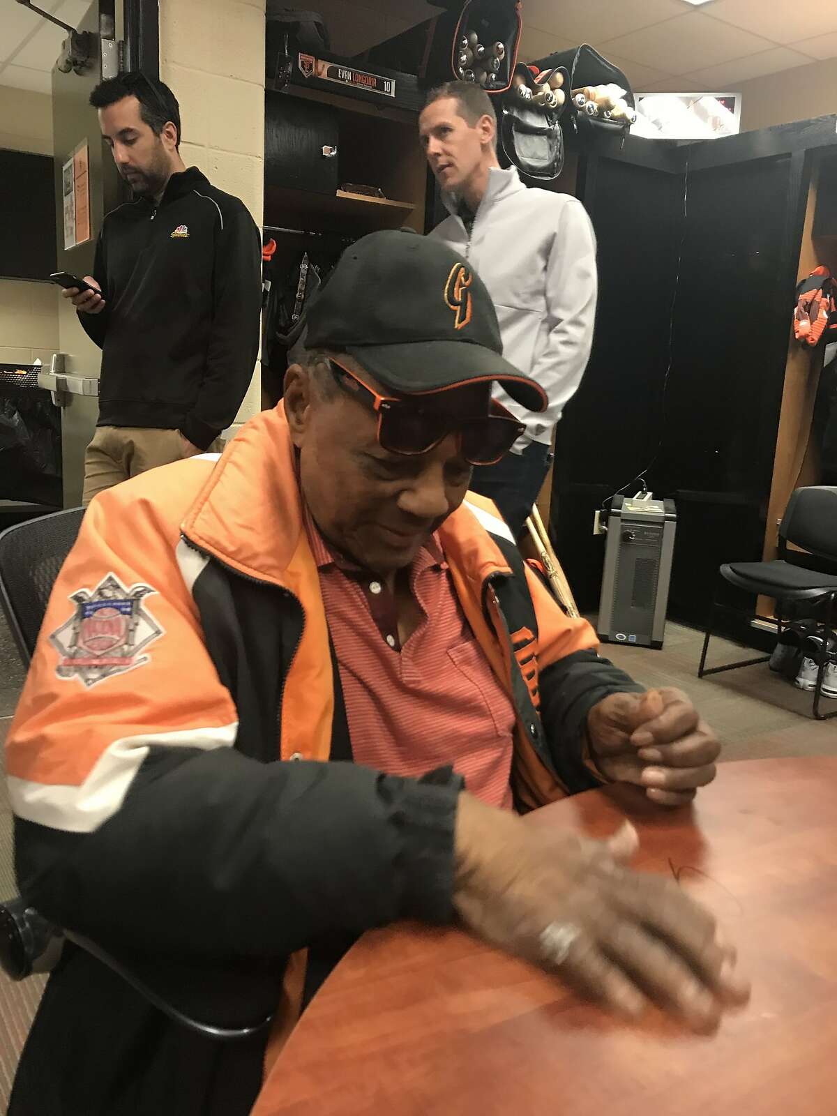 Willie Mays in the Giants Scottsdale clubhouse