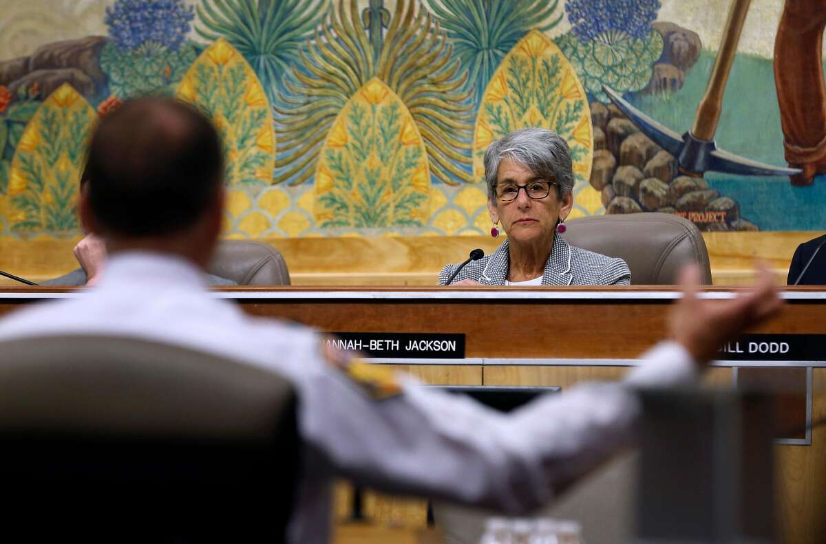 State Sen. Hannah-Beth Jackson, co-chair of a joint informational hearing on emergency management and California's fire mutual aid system, listens to a presentation from Cal Fire Director Ken Pimlott at the state Capitol in Sacramento, Calif. on Tuesday, Feb. 27, 2018.