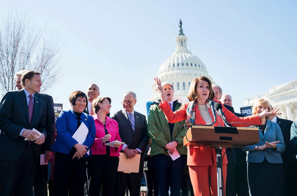House Minority Leader Nancy Pelosi (D-Calif.) speaks at a rally in support of net neutrality outside the Capitol in Washington, Feb. 27, 2018. (Erin Schaff/The New York Times)