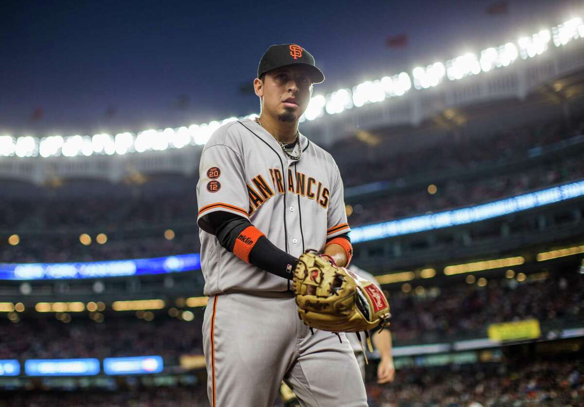 Gregor Blanco #7 of the San Francisco Giants looks on during the game against the New York Yankees at Yankee Stadium on July 22, 2016 in the Bronx borough of New York City.