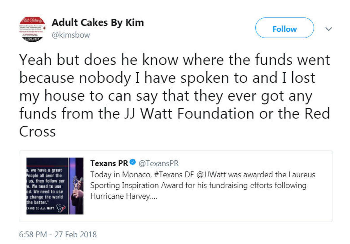 A Houston woman questioned Texans player J.J. Watt about the status of the funds he raised for Hurricane Harvey victims. Image source: Twitter