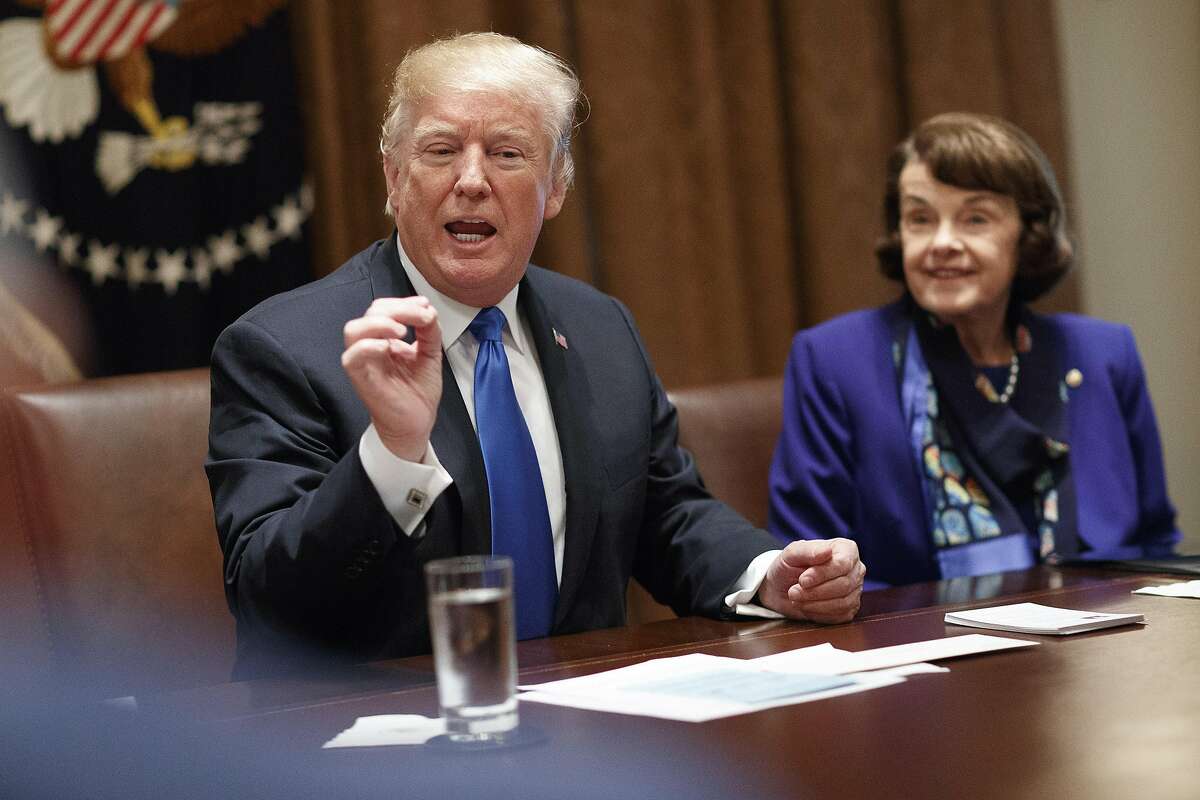 President Donald Trump speaks during a bipartisan round-table discussion on gun control at the White House in Washington, D.C., on Feb. 28, 2018. Trump repeatedly embraced a series of gun control measures here Monday, telling lawmakers to pursue bills that have been opposed for years by the vast majority of the Republican party. At right is Sen. Dianne Feinstein (D-Calif.).