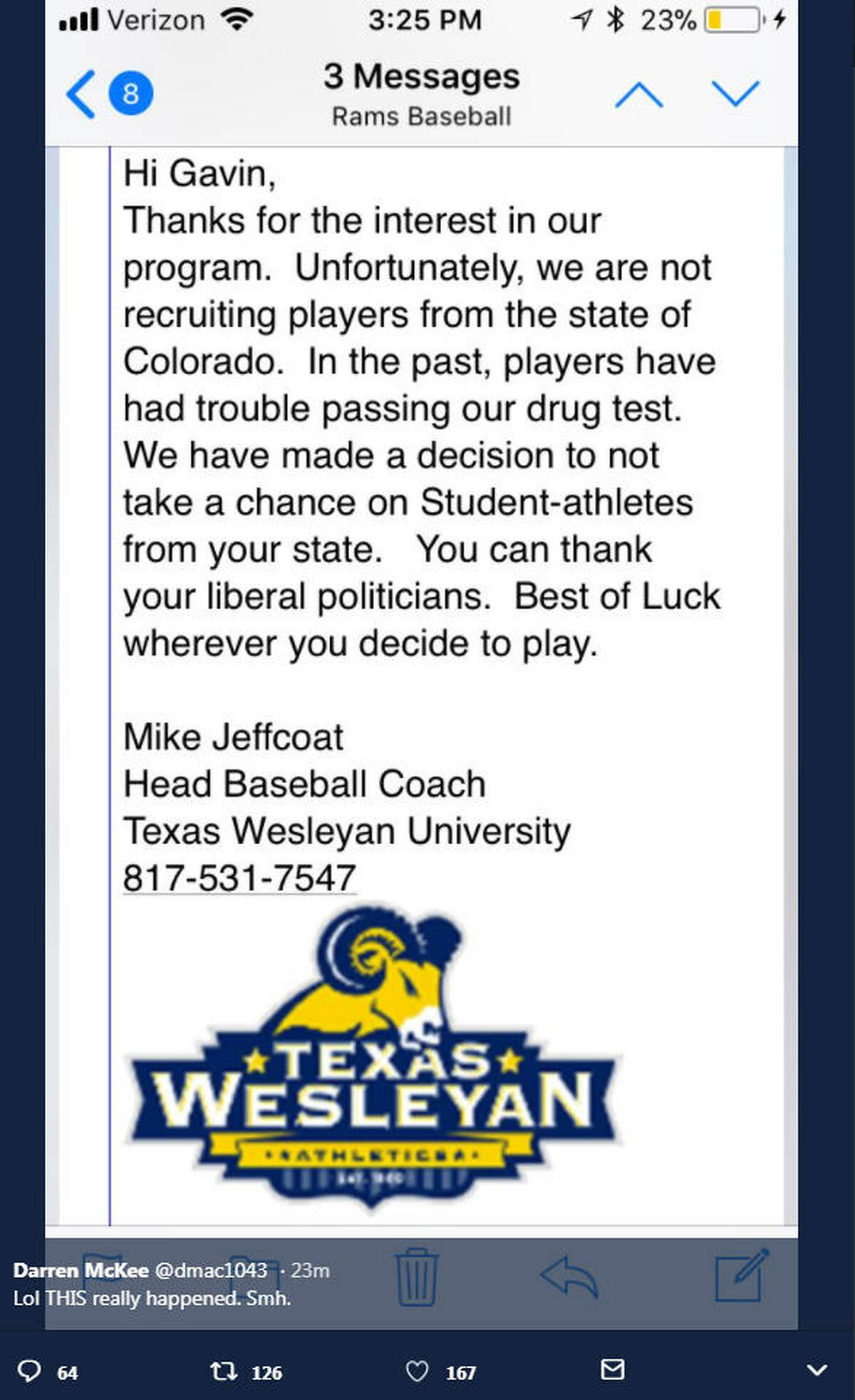 Texas Wesleyan University baseball coach Mike Jeffcoat has drawn the ire of the internet for an email he sent to a potential recruit Feb. 20.