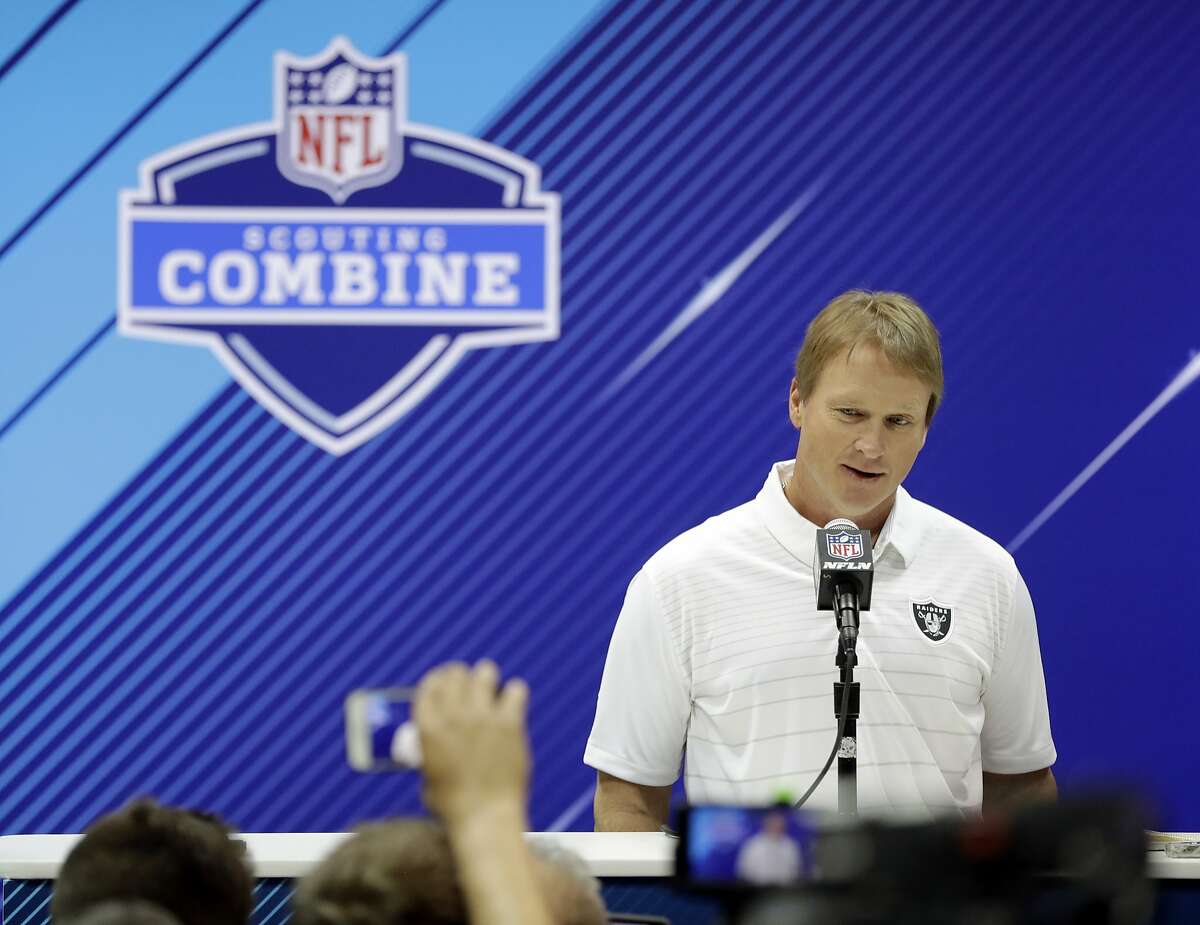 Oakland Raiders head coach Jon Gruden speaks during a press conference at the NFL Combine, Wednesday, Feb. 28, 2018, in Indianapolis. (AP Photo/Darron Cummings)