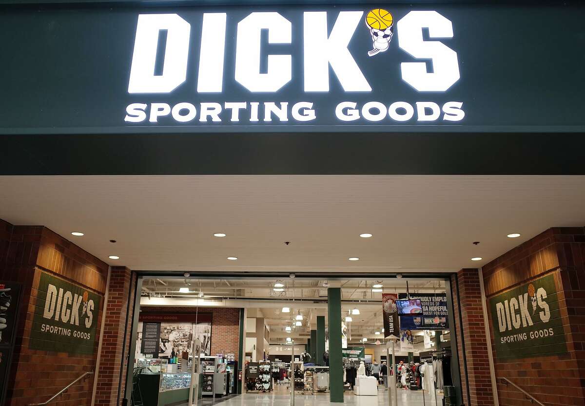 The entrance to the Dick's Sporting Goods store is seen in Glendale, California on February 28, 2018. Dick's, one of the nation's largest sports retailers, said February 28 that it was immediately ending sales of all assault-style rifles in its stores. The retailer also said that it would no longer sell high-capacity magazines and that it would not sell any gun to anyone under 21 years of age, regardless of local laws. / AFP PHOTO / Robyn BeckROBYN BECK/AFP/Getty Images