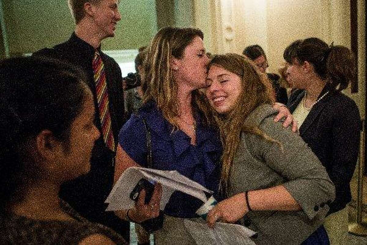 In 2013, Sofie Karsek, facing front, was a UC Berkeley student who celebrated the state’s decision to audit how some California universities handled sexual assault complaints after she and other students testified about their experiences in Sacramento