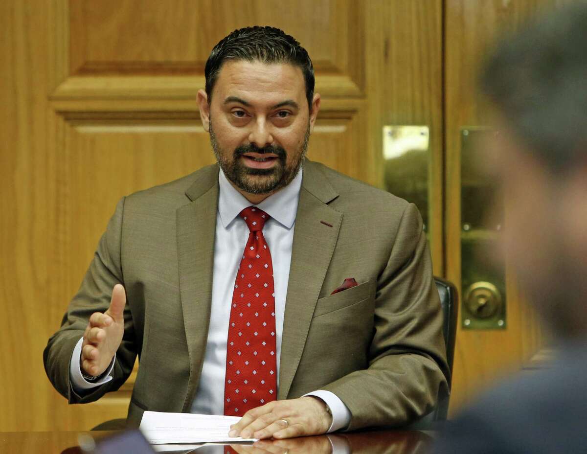 Eduardo Parra, a civil engineer and nominee for the San Antonio Water System board, meets with the City Council Governance Committee on Wednesday. The full council will vote on Mayor Ron Nirenberg’s three nominees for the board on March 8.