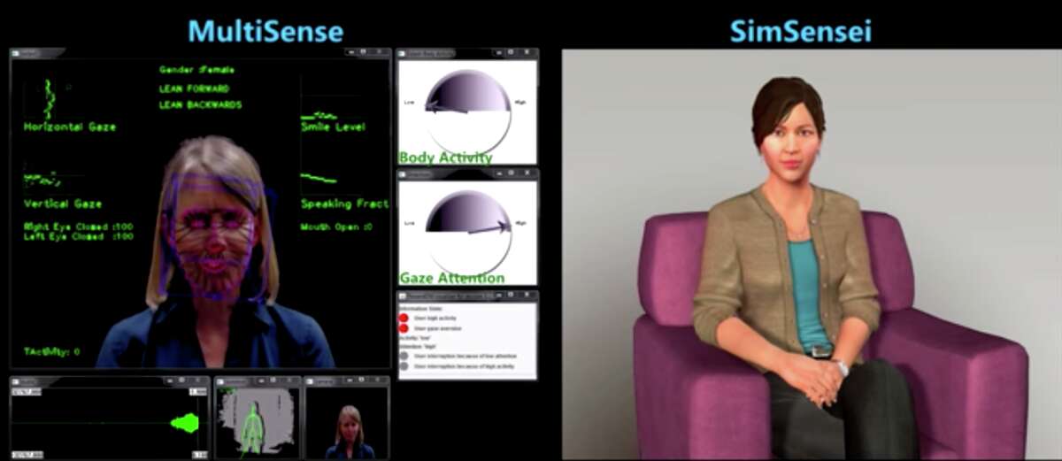 Virtual human therapists Academic and industry researchers are finding that people are more likely to share intimate personal details with a bot than with a human or via anonymous form. This includes a 2017 study of National Guard members returning from Afghanistan, conducted by USC's Institute for Creative Technologies. That study used a bot that resembled a human therapist sitting in a chair (pictured above) and speaking calmly as a real therapist would. It performs eerily human-like functions such as establishing small talk to be build rapport with the patient, and follow-up questions based on changes in the patient's body language and facial expressions, using its own body-language adjustments. You can watch the therapy in action here. The study found people to be more forthcoming about PTSD symptoms with the virtual therapist than they would on an anonymized form. A 2014 study by the same institute found that people were more likely to disclose mental-health issues with a virtual human when there was no "Wizard of Oz" real human overseeing it. Mark Meadows, bot developer and CEO of Emeryville-based Botanic.io, told SFGATE his company found people were 80 percent more likely to trust a health-care bot than a human. "We're building a bot for a university where kids can talk to the bot and not feel embarrassed," said Meadows, whose company is working to authenticate bots worldwide to make AI more trustworthy. (See next page for more)