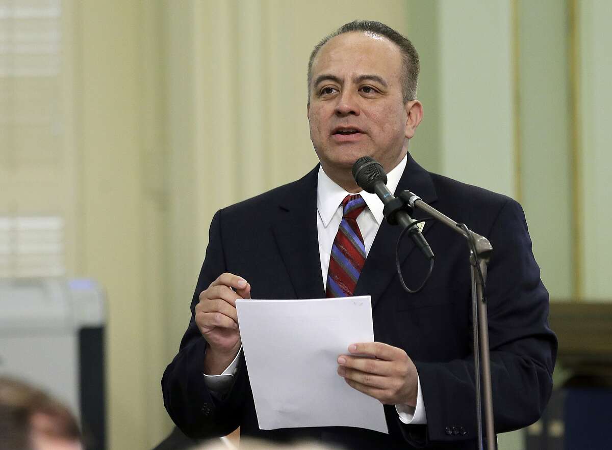 FILE - In this May 4, 2017, file photo, Assemblyman Raul Bocanegra, D-Pacoima, speaks at the Capitol in Sacramento, Calif. The California Assembly fired a longtime employee in February, 2018, after an investigation substantiated sexual harassment claims against him from at least six years ago. The employee, Gerardo Guzman, was most recently working in the office vacated by Bocanegra, who resigned in December, 2017, while facing his own misconduct allegations. (AP Photo/Rich Pedroncelli, File)
