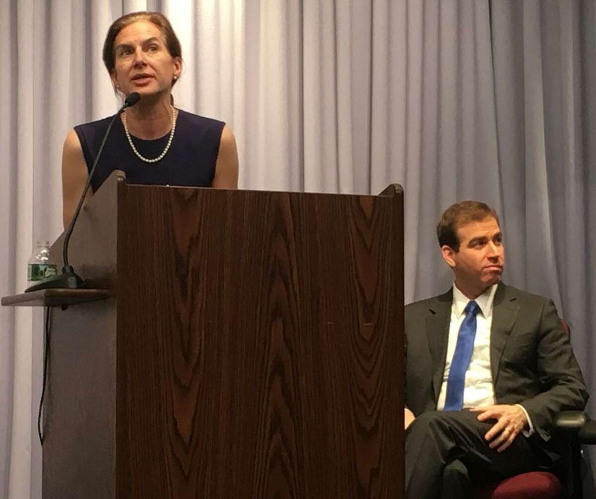 Susan Bysiewicz and Luke Bronin at the Democratic gubernatorial candidates forum in East Hartford in February.