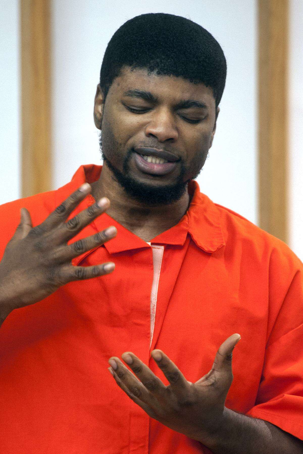 Jermaine Richards speaks during his sentencing in Bridgeport Superior Court, in Bridgeport, Conn. March 2, 2018. Richards was sentenced to 60-years for the 2013 murder of Alyssiah Marie Wiley.