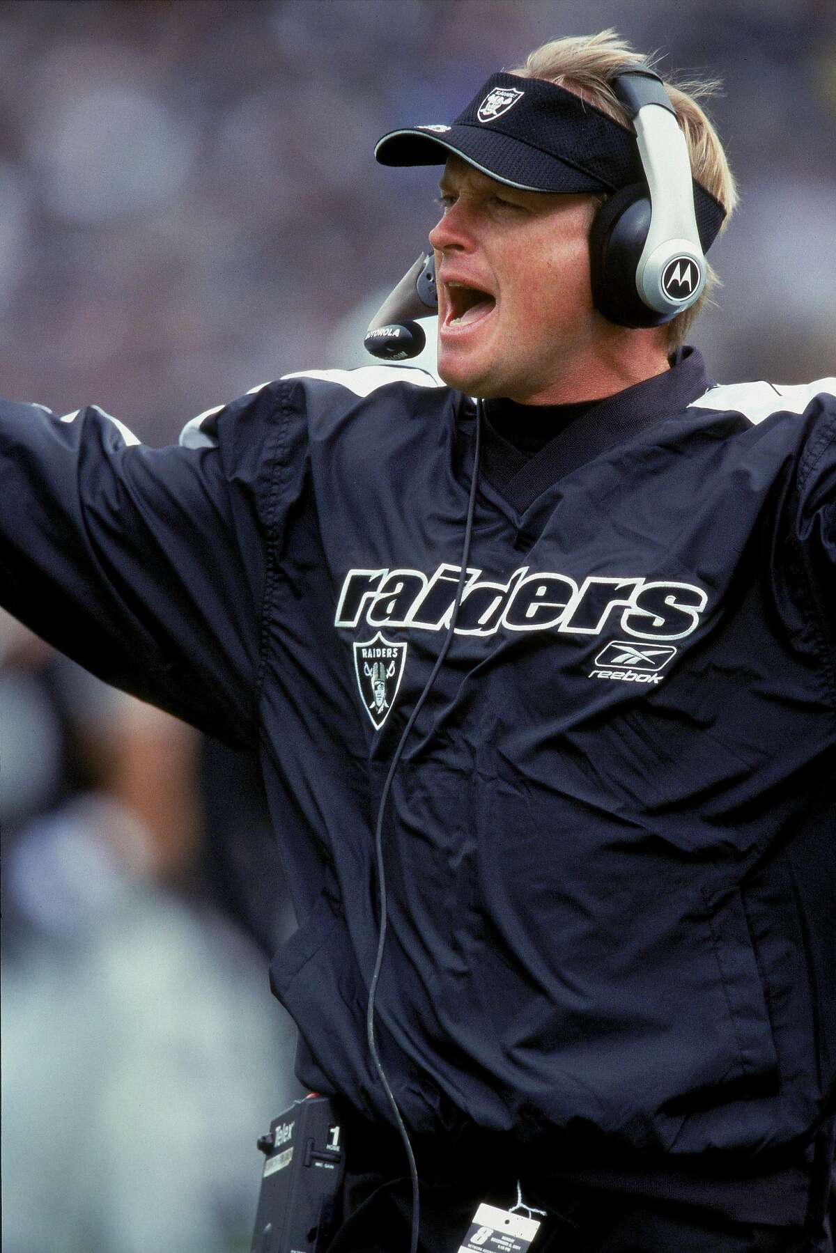2 Dec 2001: Head Coach Jon Gruden of the Oakland Raiders yells on the sidelines during the game against the Arizona Cardinals at the Network Associates Coliseum in Oakland, California. The Cardinals defeated the Raiders 34-31.Mandatory Credit: Tom Hauck /Allsport