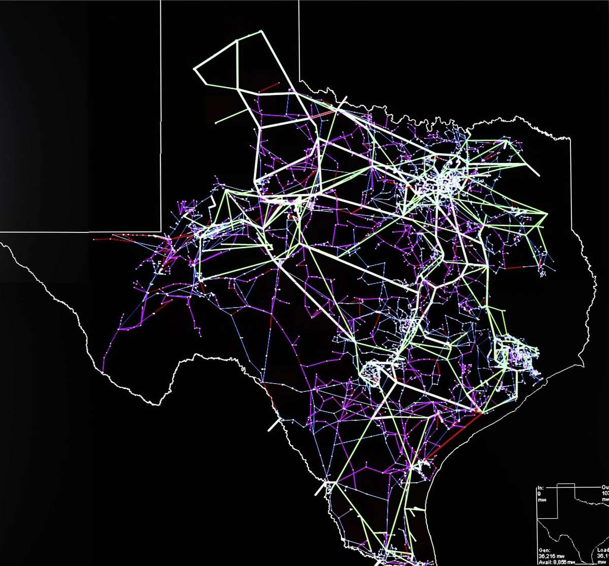A map of the Electric Reliability Council of Texas’ (ERCOT) grid system at the grid operator’s control center near Austin.