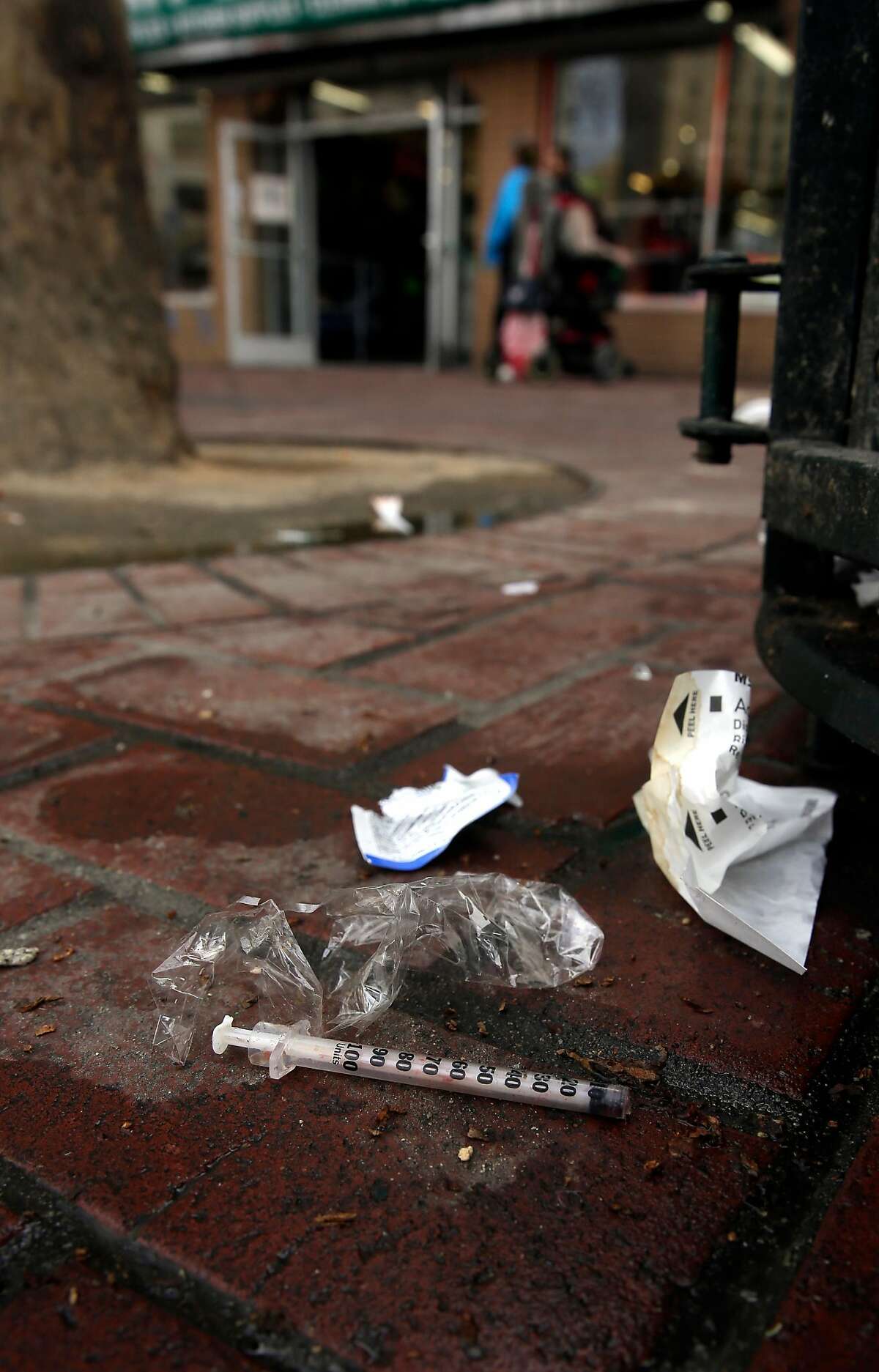A used syringe one door down from the American Conservatory Theater in San Francisco, Calif., seen on Wednesday Feb. 14, 2018. The A.C.T. faces quality of life issues with it's location in the heart of Market st. between 7th and 8th streets.