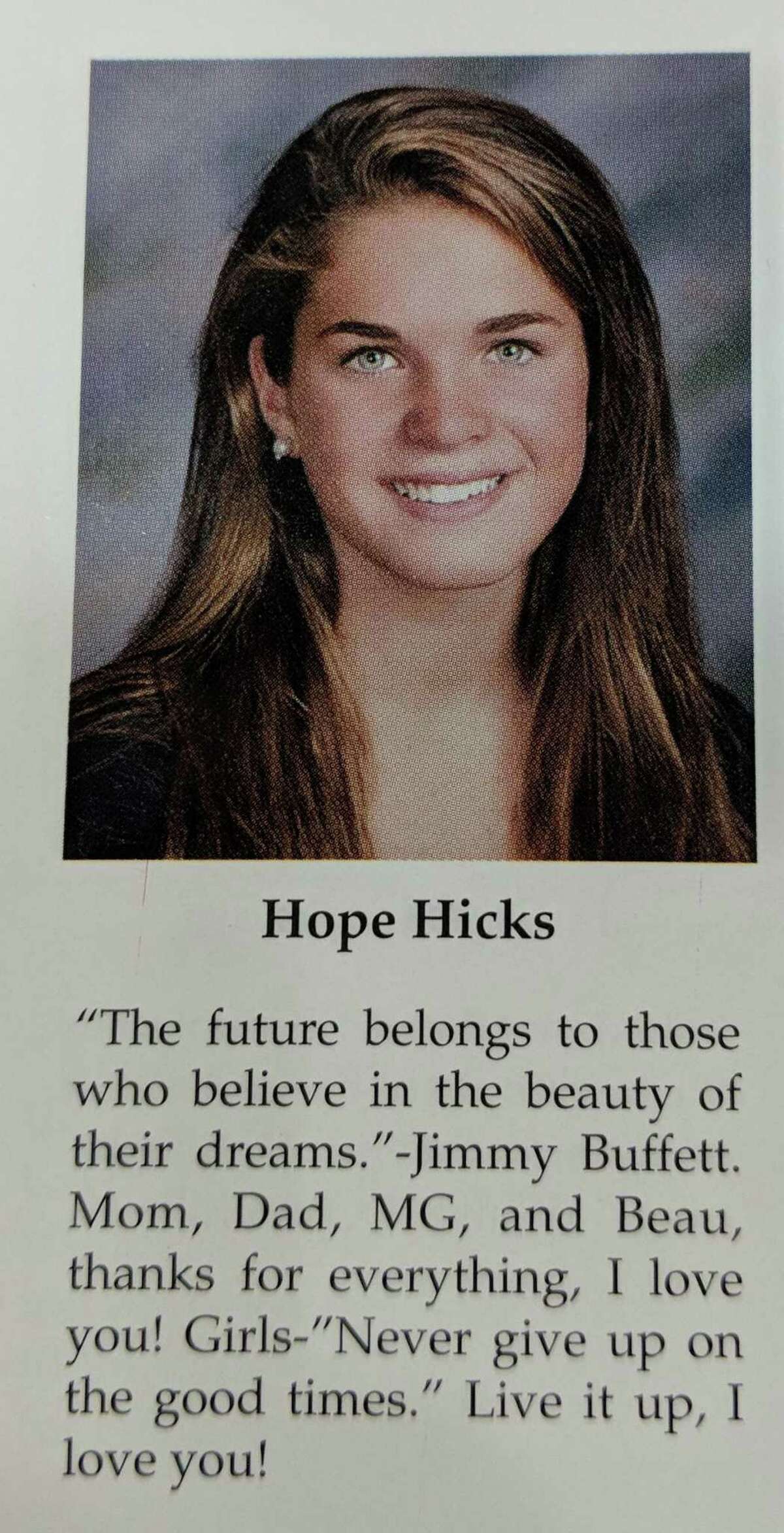 Hope Hicks, 29, in the Greenwich High School 2006 yearbook.