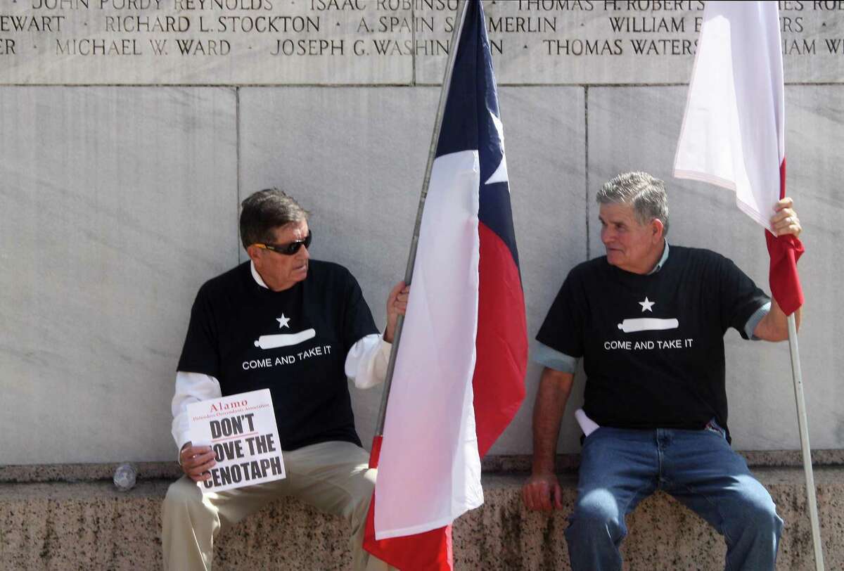A large crowd converged on downtown San Antonio and Alamo Plaza to protest the removal of the Cenotaph under the Alamo master plan. The plan calls for the Cenotaph's removal because it is not part of the Alamo's history. It was built about 100 years after the Battle of the Alamo.