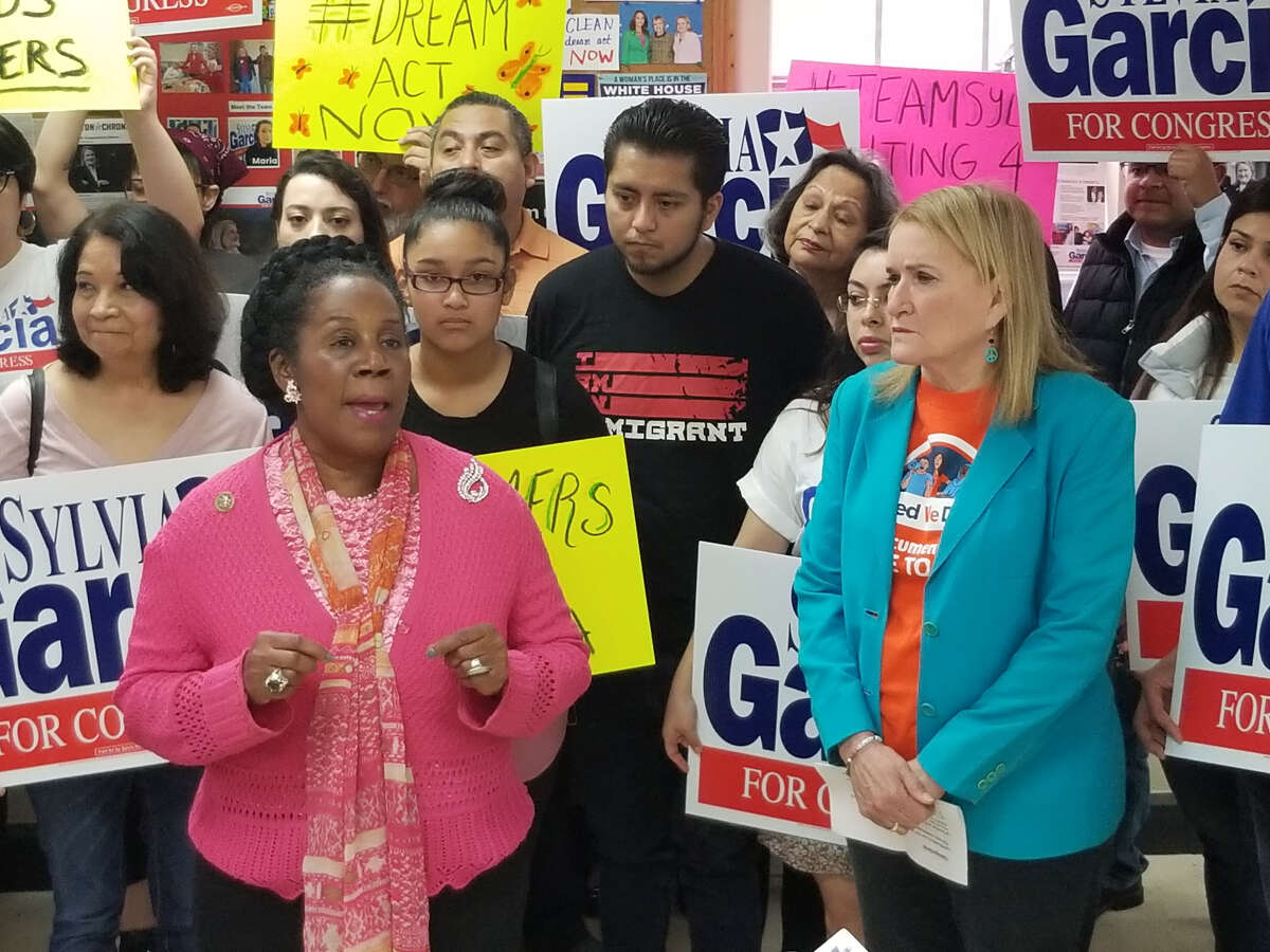 U.S. Rep. Sheila Jackson Lee, D-Texas, left, speaks during a press conference Saturday supporting DACA and Sylvia Garcia, right, in her bid for U.S. Congress.