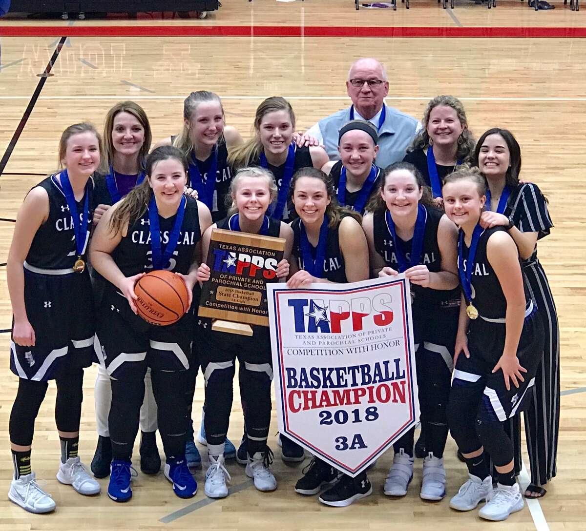 The Midland Classical Academy girls basketball team pose after winning the TAPPS 3A state title with a 59-53 double overtime victory over Beaumont Legacy at West High School on Saturday. Courtesy photo