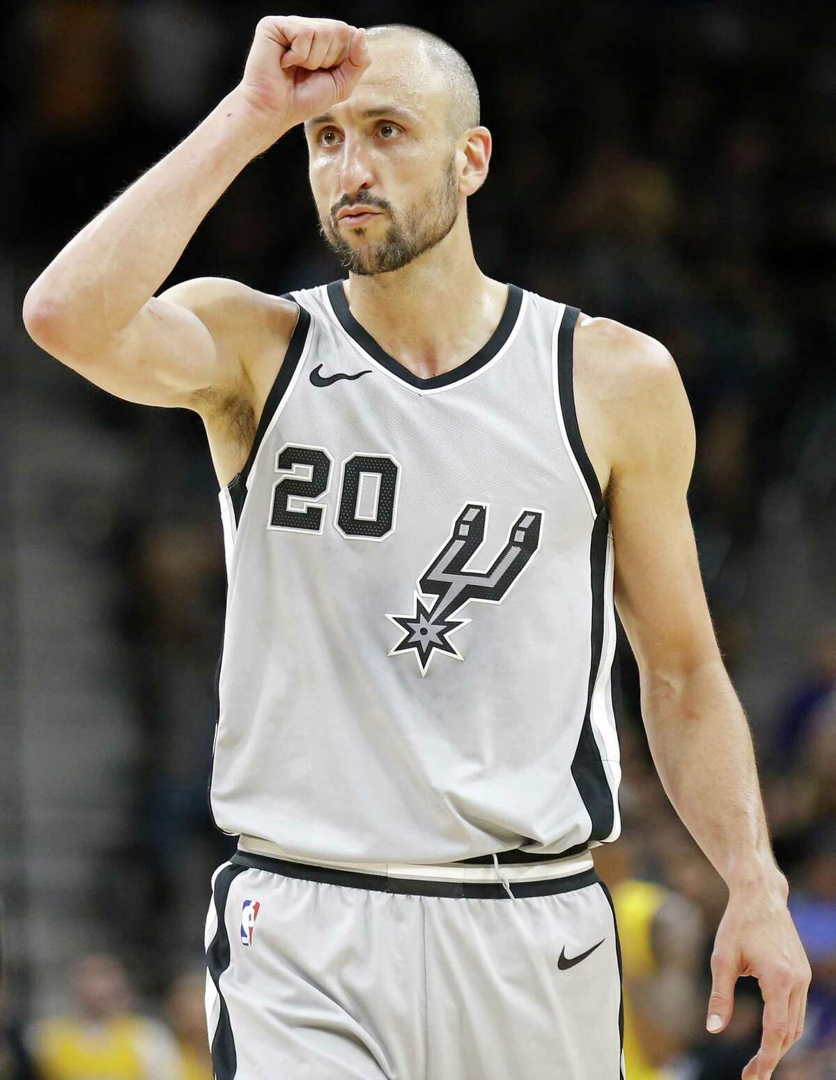 San Antonio Spurs guard Manu Ginobili (20) calls a play during second half action against the Los Angeles Lakers Saturday March. 3, 2018 at the AT&T Center. The Los Angeles Lakers won 116-112.