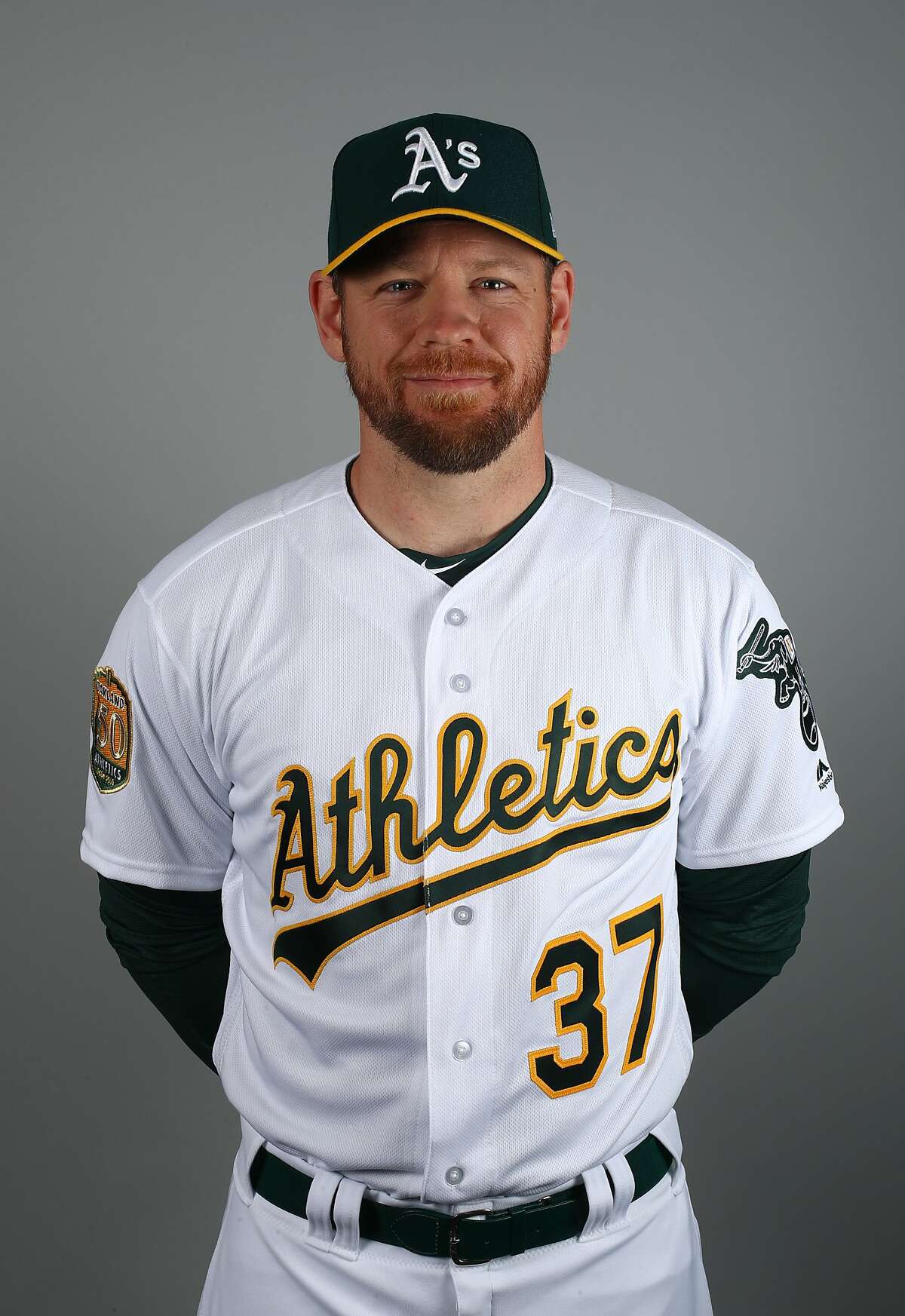 This is a 2018 photo of Brandon Moss of the Oakland Athletics baseball team. This image reflects the 2018 active roster as of Feb. 22, when this image was taken. (AP Photo/Ben Margot)