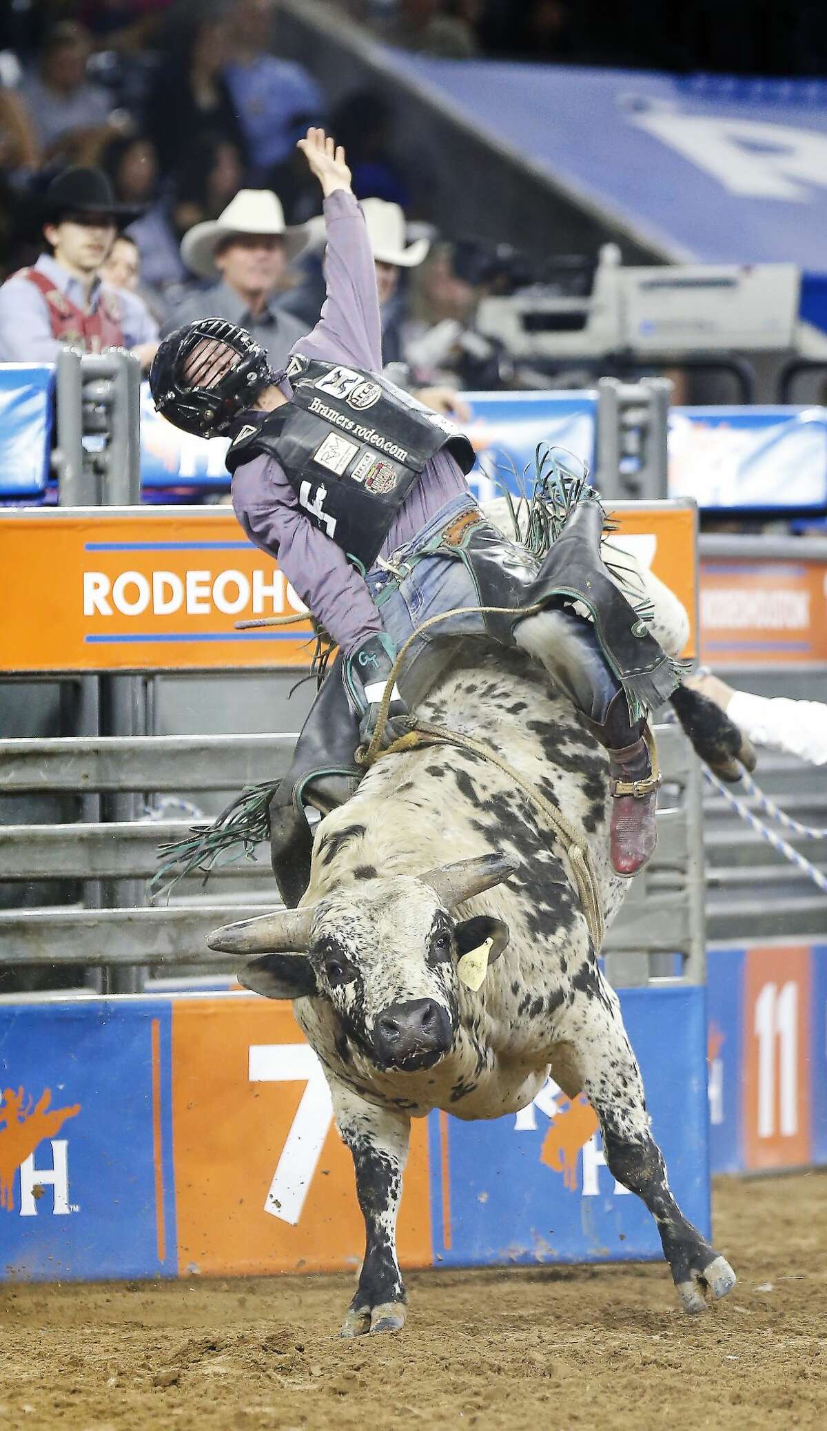 Garrett Tribble rides Indian Outlaw during Super Series II Round 3 Bull Riding action at Rodeo Houston Sunday, March 4, 2018, in Houston. ( Steve Gonzales / Houston Chronicle )