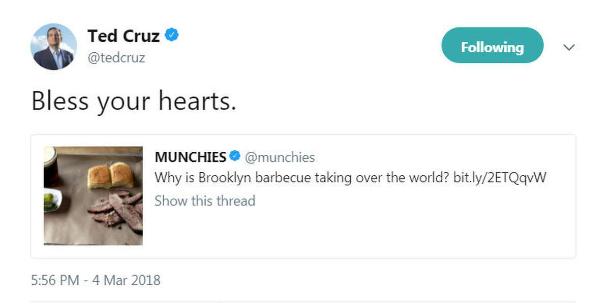 U.S. Rep. Ted Cruz had the most Texas response when he saw Munchies asking if Brooklyn barbecue was taking over the world. Image source: Twitter