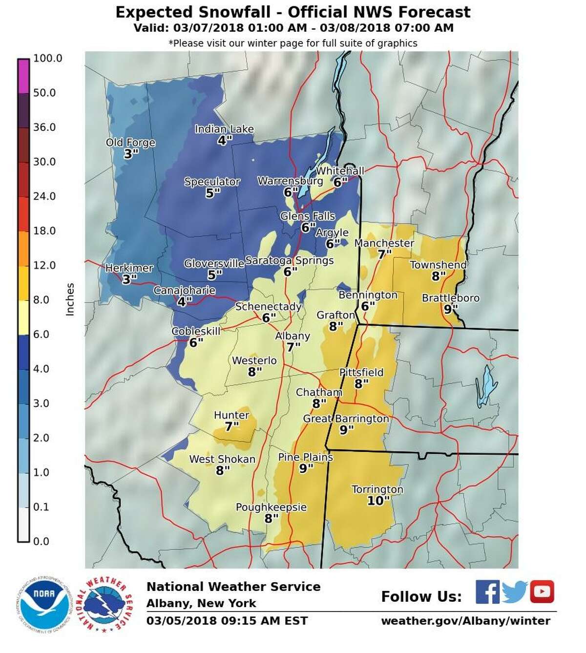 Connecticut is under a winter storm watch with the possibility of a foot of snow from a nor’easter on Wednesday, March 7.