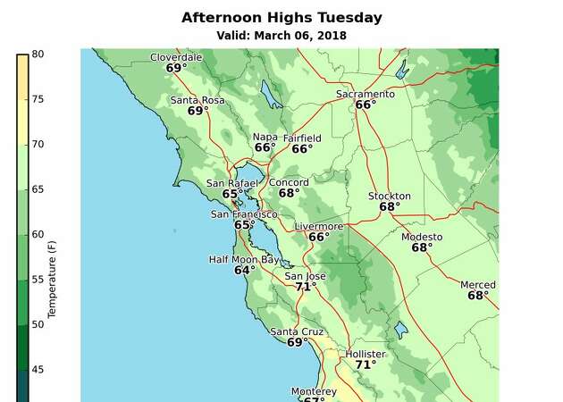 Bay Area temperatures warming up, with some spots forecast to hit 70s Tuesday
