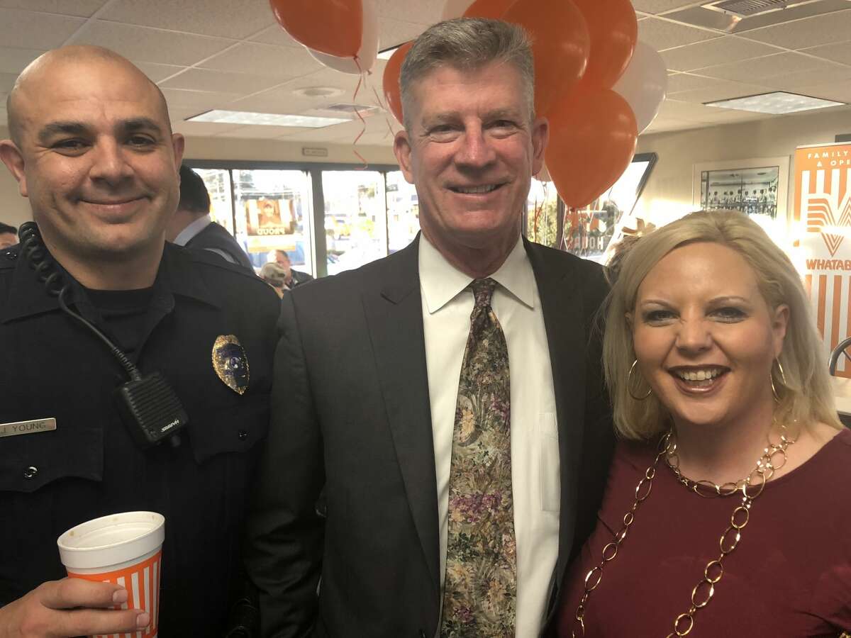 Coffee with a Cop: Sgt. Jimmy Young, from left, Chief Steve Henry and Gwen McCown