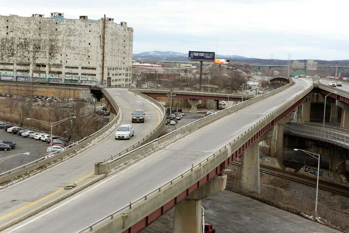 A view of the ramp from Quay Street, on the left in photo, and the ramp from Interstate 787 north, that come together to exit onto Clinton Ave., seen here on Monday, March 5, 2018, in Albany, N.Y. A proposed park idea would turn the ramp from Quay Street into a park. (Paul Buckowski/Times Union)