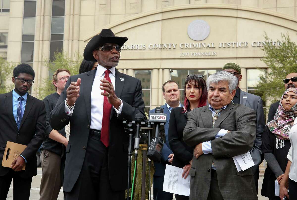 James Douglas, President of the Houston Branch of the NAACP, speaks to media about civil right groups seeking the removal of State District Judge Michael McSpadden during a press conference across the street from the Harris County Courthouse Monday, March 5, 2018, in Houston. ( Godofredo A. Vasquez / Houston Chronicle )