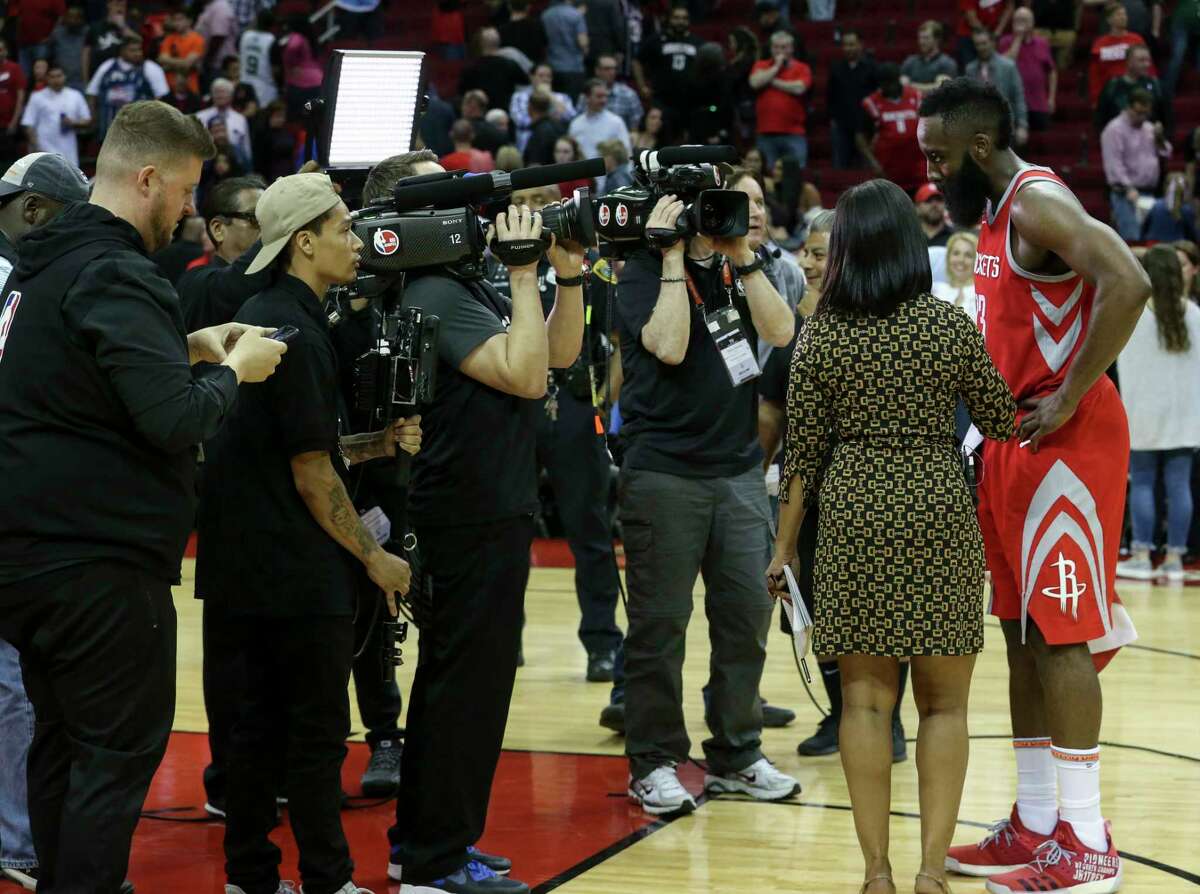 Houston Rockets guard James Harden (13) is interviewed after winning the NBA game against the Boston Celtics at the Toyota Center on Saturday, March 3, 2018, in Houston. The Houston Rockets defeated the against the Boston Celtics 123-120. ( Yi-Chin Lee / Houston Chronicle )