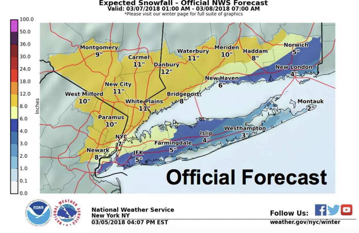 Connecticut is under a winter storm watch with the possibility of a foot of snow from a nor’easter on Wednesday, March 7.