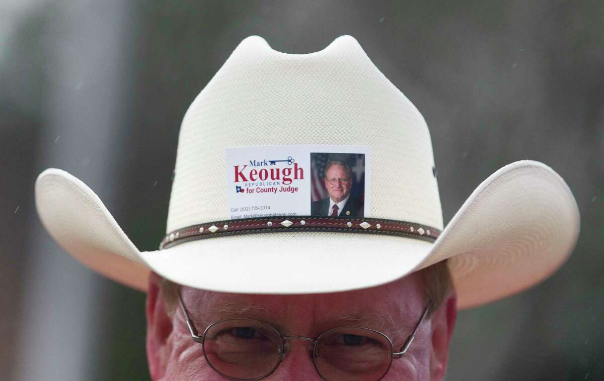 The cowboy hat of Mark Keough, Republican candidate for Montgomery County Judge, is seen during early voting at the South County Community Building, Saturday, Feb. 24, 2018, in The Woodlands.