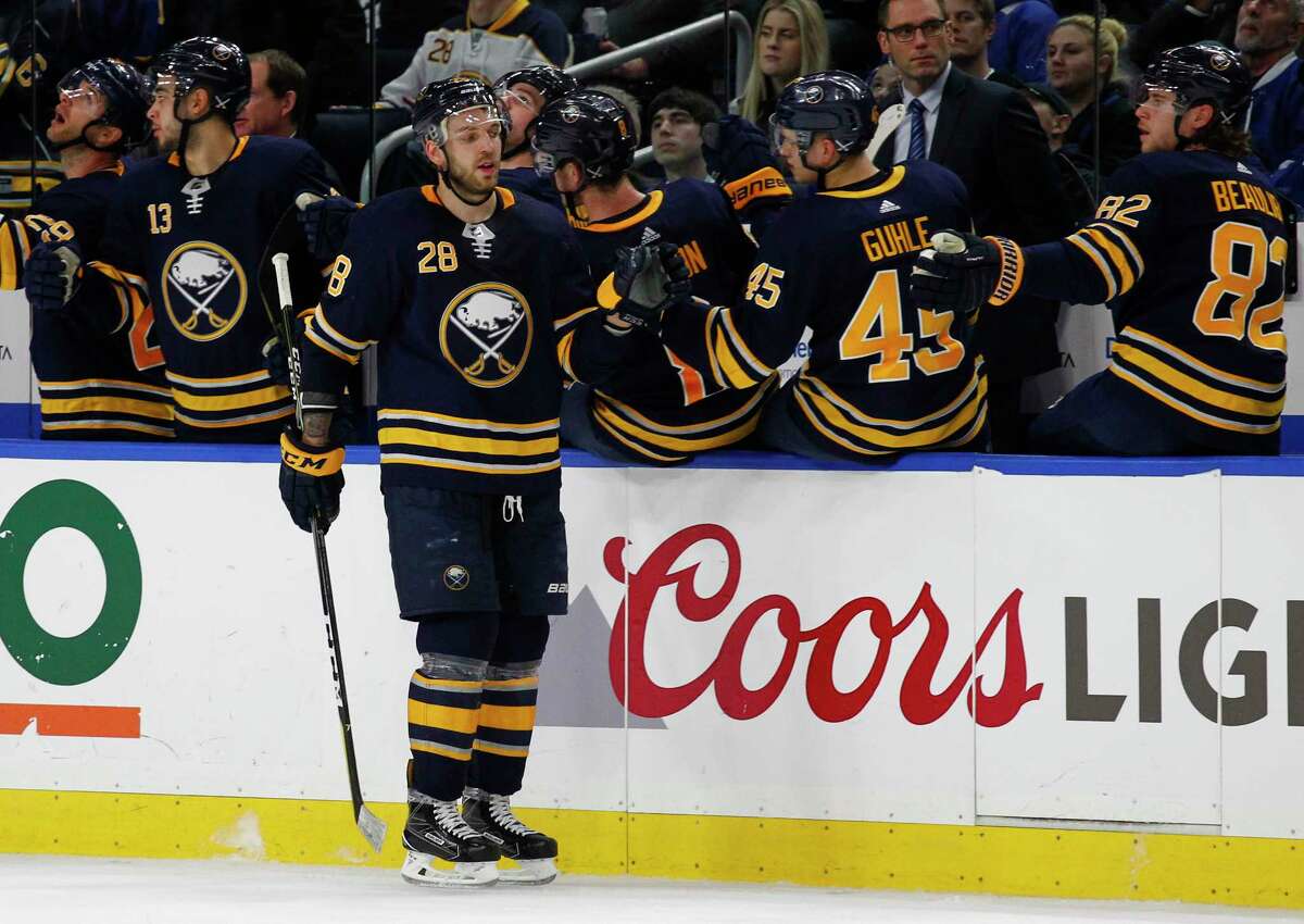 Buffalo Sabres Zemgus Girgensons (28) celebrates his goal during the second period of an NHL hockey game against the Toronto Maple Leafs, Monday, March 5, 2018, in Buffalo, N.Y. (AP Photo/Jeffrey T. Barnes)