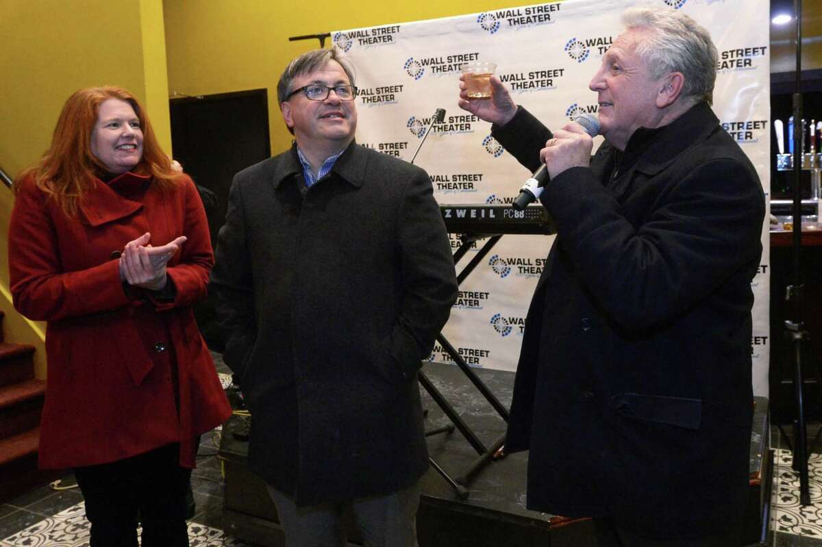Wall Street Theater Co. President Suzanne Cahill and theater developer Frank Farricker with Norwalk Mayor Harry Rilling (right) on January 5, 2018. Within a month, the theater would file for bankruptcy protection from creditors.
