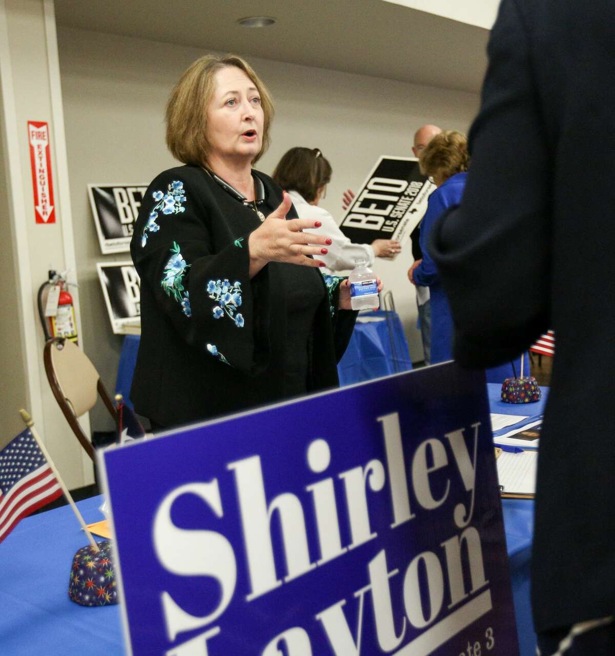 Shirley Layton, candidate for state Sen. District 3, speaks with residents during the meet and greet with state and local Democratic Party candidates on Sunday, Feb. 18, 2018, at the Activity Center in Conroe.