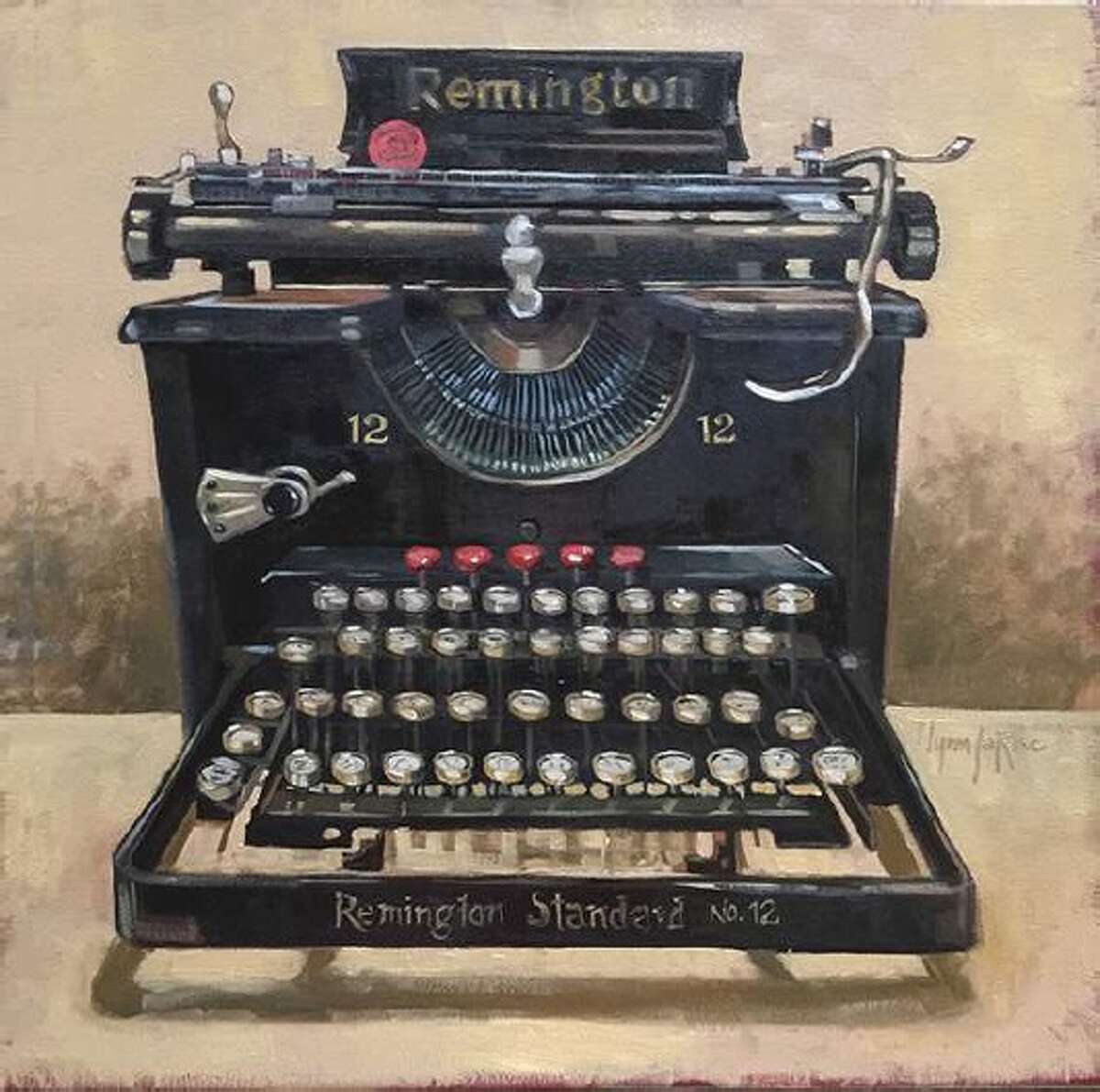 An oil painting titled "Remington Standard No. 12," which is a finalist entry in CAL's 2018 National Invitational art competition, and is currently on display at the Gallery at the Madeley Building in downtown Conroe.