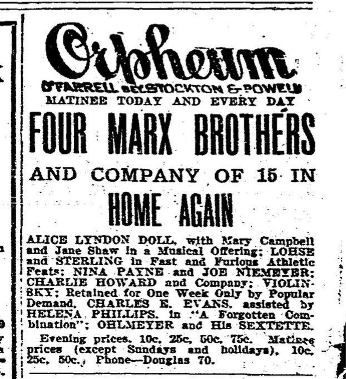 Ad for one of the Marx Brothers first appearances in San Francisco September 1915