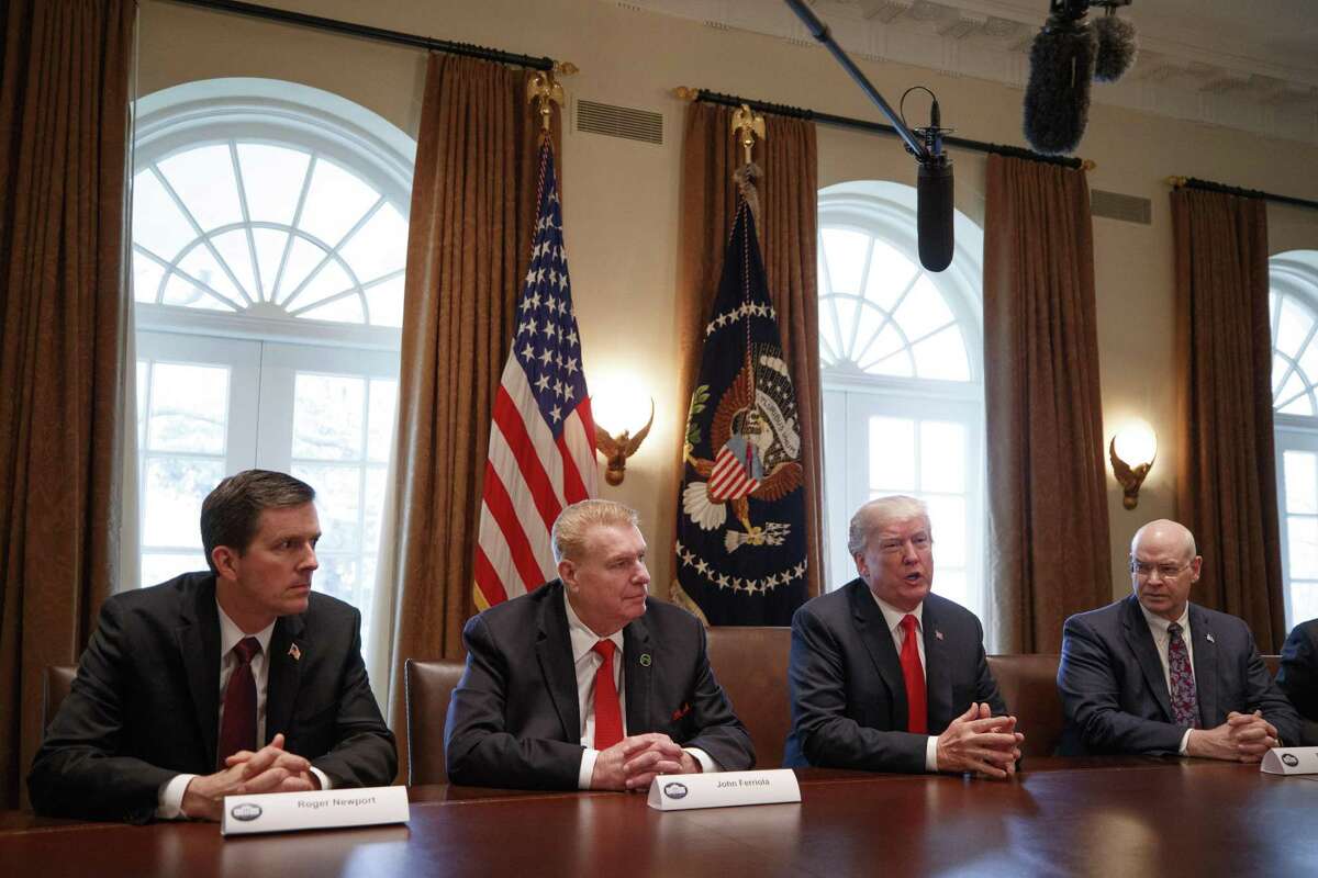 FILE ?— President Donald Trump leads a roundtable discussion on foreign trade and steel production inside the Cabinet Room of the White House in Washington, March 1, 2018. Economists question whether the president?’s tariffs will do much to narrow the trade deficit, and whether policymakers should care about the economic metric at all. (Tom Brenner/The New York Times)