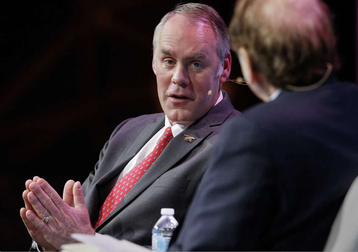 Secretary of the Interior Ryan Zinke answers a question from moderator Dan Yergin during a Q&A session after Zinke's address at CERAWeek held at the Hilton Americas Hotel Tuesday, Mar. 6, 2018 in Houston, TX. (Michael Wyke / For the Chronicle)