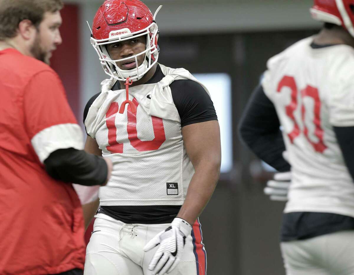 University of Houston defensive tackle Ed Oliver (10), who was an All-American last season, has totaled 391/2 tackles for loss in just 25 games for the Cougars.