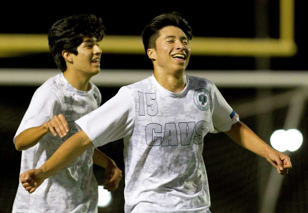 College Park forward Kyle Jungbluth (15) reacts after scoring a goal off an assist from midfielder Juan Gallegos during the first period of a District 12-6A high school soccer match, Tuesday, March 6, 2018.