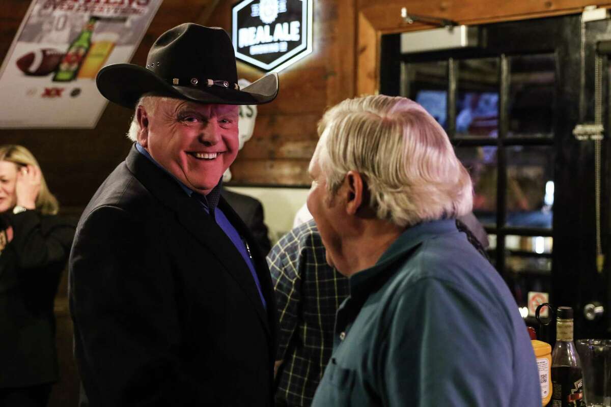 Agriculture Commissioner Sid Miller is all smiles at The Tavern, an Austin bar where he was watching election results showing him winning the Republican nod to run for reelection to his job on March 6, 2018.