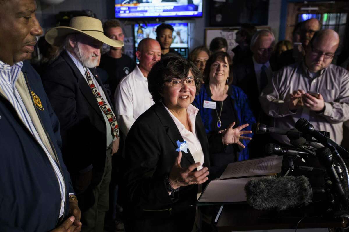 Gubernatorial candidate and former Dallas Sheriff Lupe Valdez reacts to early voting primary election results at a Democratic party gathering at Dallasite in Dallas on Tuesday, March 6, 2018. (Ashley Landis/The Dallas Morning News via AP)
