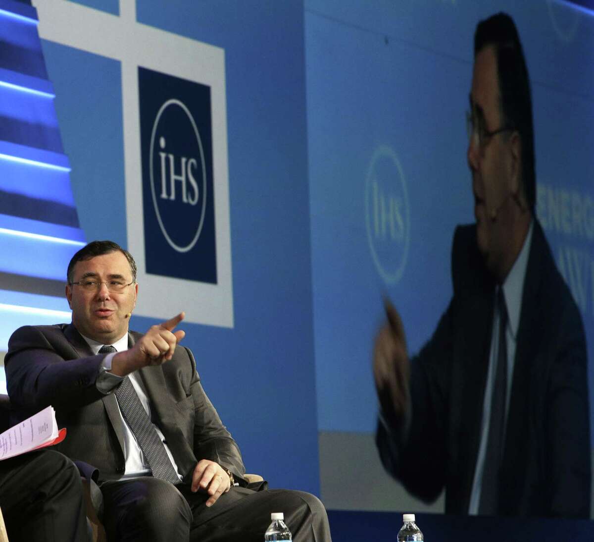 Patrick Pouyanné is Chief Executive Officer and President of the Executive Committee of TOTAL speaks during the oil keynote at IHS Energy CERAWeek Tuesday April 21, 2015 at the Hilton Americas-Houston. (Billy Smith II / Houston Chronicle)