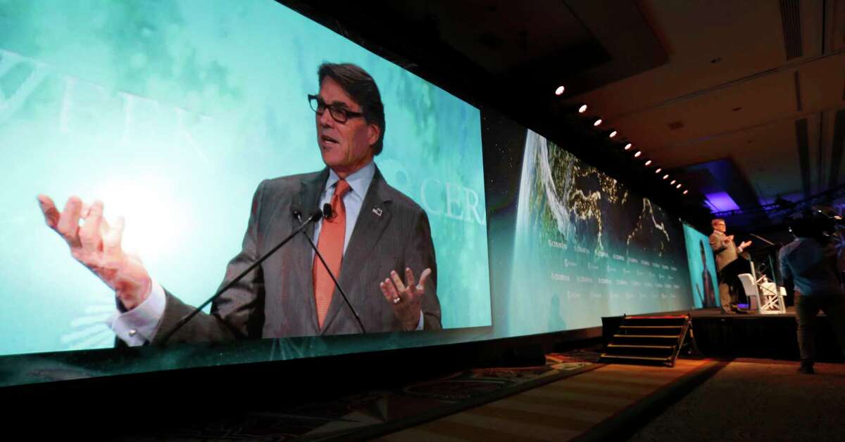 Energy Secretary Rick Perry speaks at the CERAWeek conference at the Hilton Americas, Wednesday, March 7, 2018, in Houston.