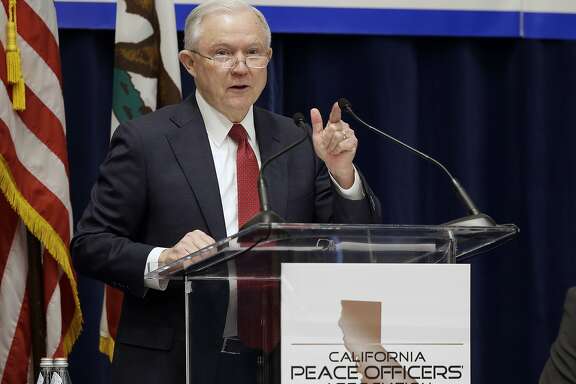 U.S. Attorney General Jeff Sessions addresses the California Peace Officers' Association at the 26th Annual Law Enforcement Legislative Day, Wednesday, March 7, 2018, in Sacramento, Calif. Sessions told law enforcement officers at the conference Wednesday that the Justice Department sued California because state laws are preventing federal immigration agents from doing their jobs. (AP Photo/Rich Pedroncelli)