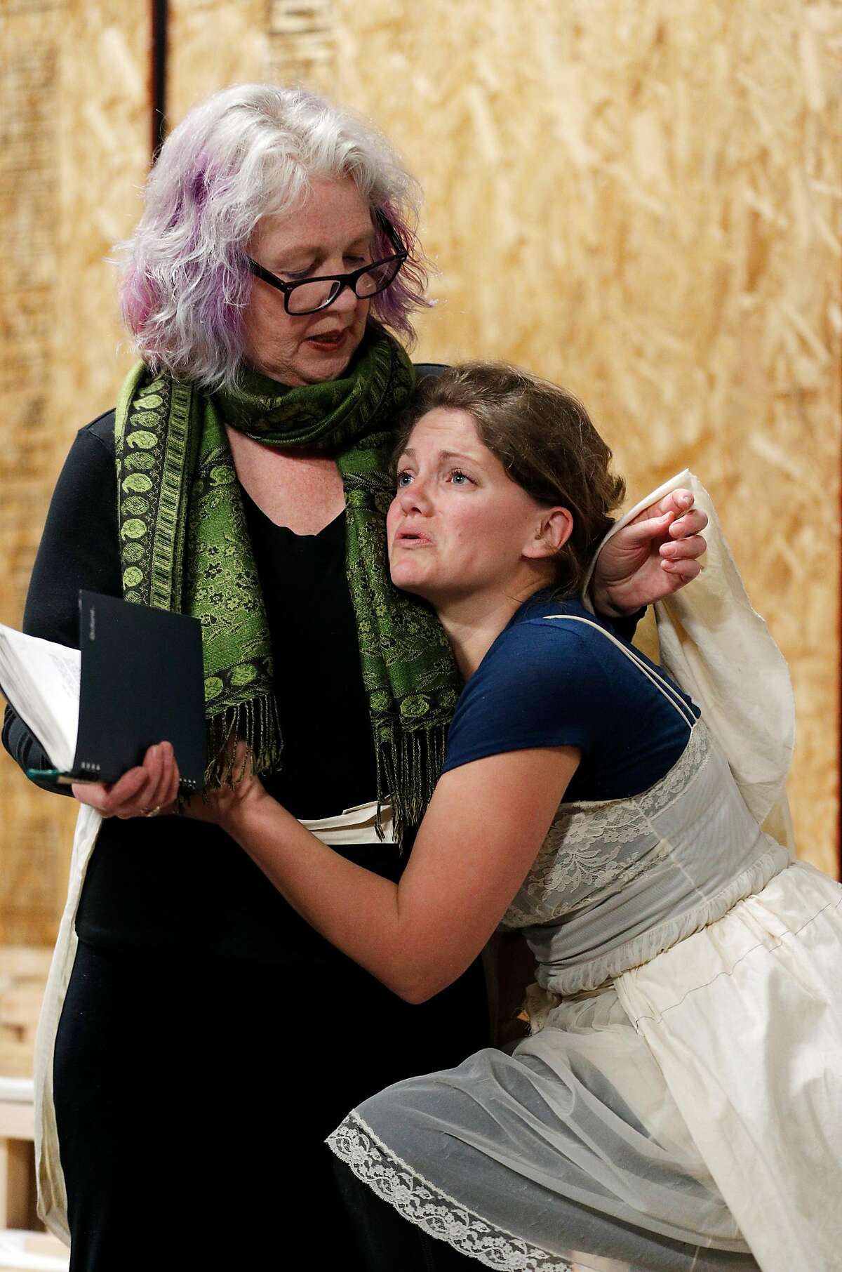Christine Augello as Queen Marguerite, left, and Mikka Bonel as Queen Marie during rehearsal for "Exit the King," at the Exit Theater in San Francisco, Calif., on Wednesday, February 28, 2018. Stuart Bousel is a playwright, theater director and producer who is currently directing a production of Eugene Ionesco's "Exit the King" at the Exit Theatre, running 3/16-4/7.